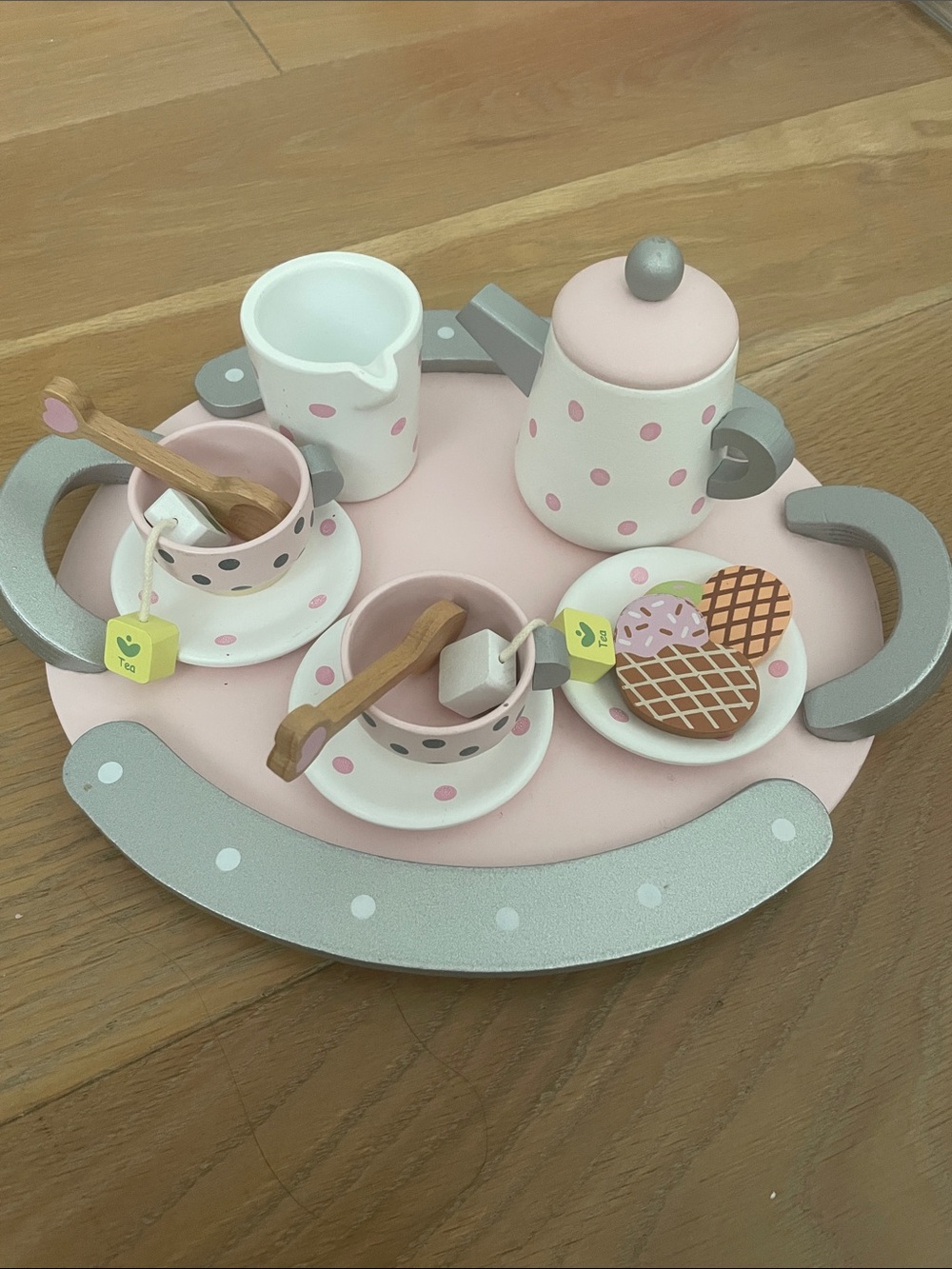 Pink Polka Dot Wooden Tea Set for Kids